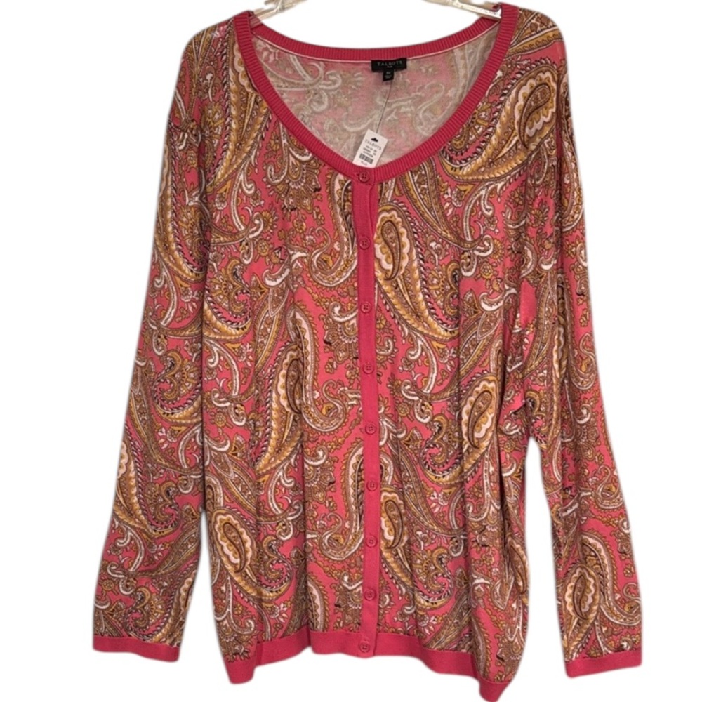 TALBOTS Plus Womens Pink Tan Beige Gold Paisley L/S Sweater Cardigan Size 3X NEW